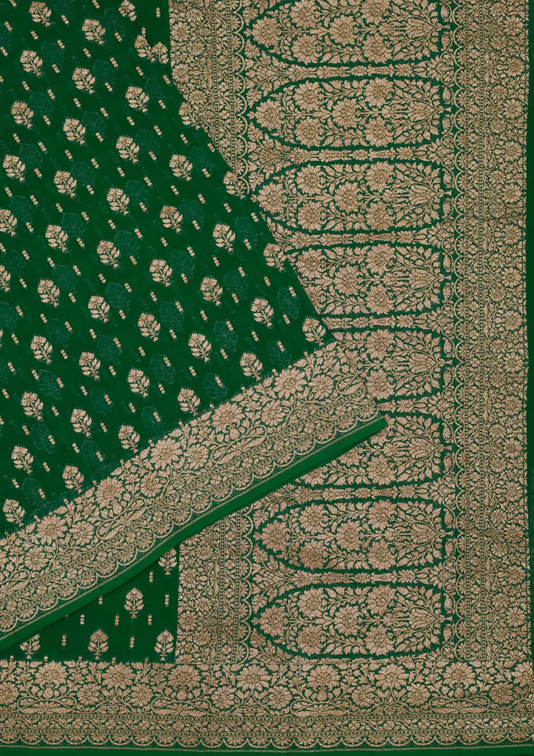 Bottle Green Zariwork Pure Silk Saree-Koskii