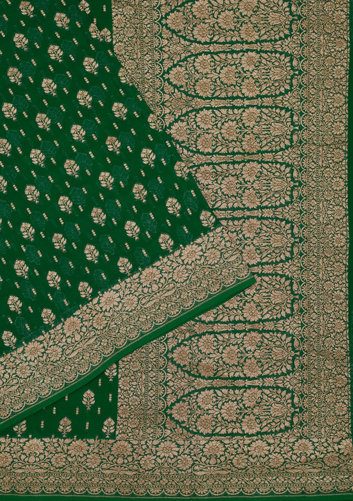 Bottle Green Zariwork Pure Silk Saree-Koskii