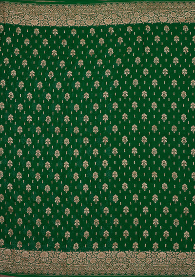 Bottle Green Zariwork Pure Silk Saree-Koskii