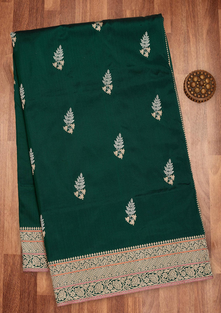 Bottle Green Zariwork Pure Silk Saree-Koskii