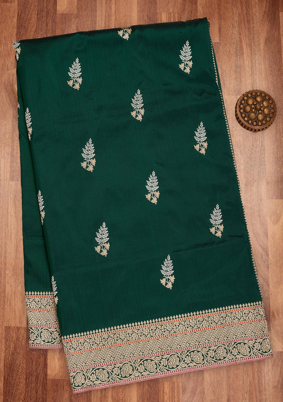 Bottle Green Zariwork Pure Silk Saree-Koskii