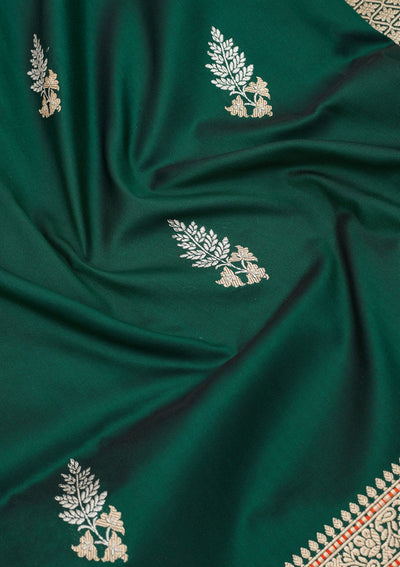 Bottle Green Zariwork Pure Silk Saree-Koskii