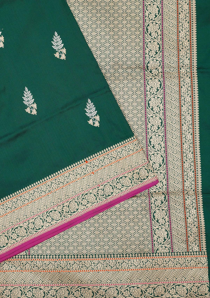 Bottle Green Zariwork Pure Silk Saree-Koskii