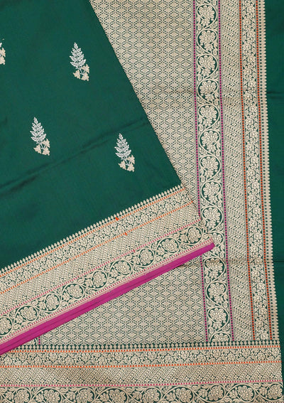Bottle Green Zariwork Pure Silk Saree-Koskii
