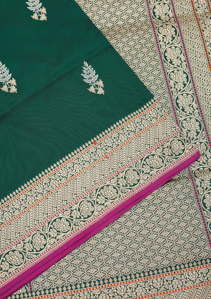 Bottle Green Zariwork Pure Silk Saree-Koskii