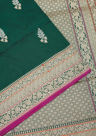 Bottle Green Zariwork Pure Silk Saree-Koskii