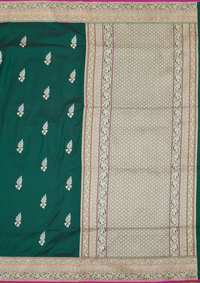 Bottle Green Zariwork Pure Silk Saree-Koskii
