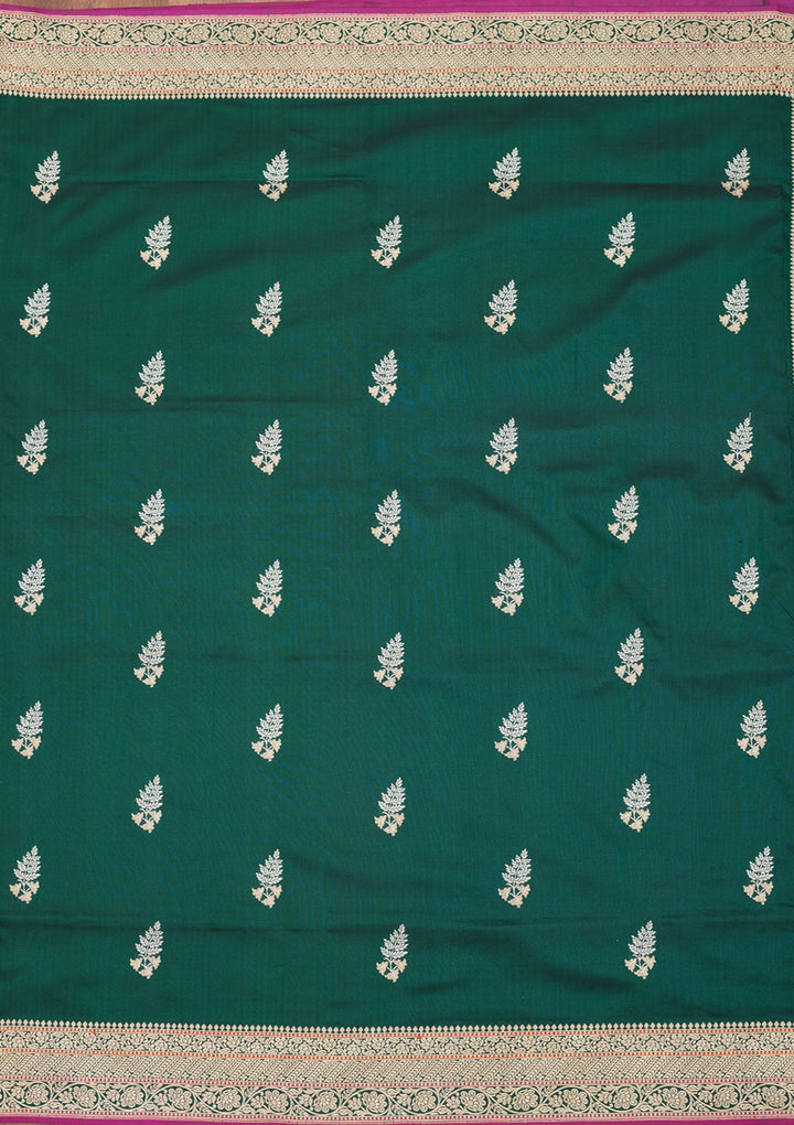 Bottle Green Zariwork Pure Silk Saree-Koskii