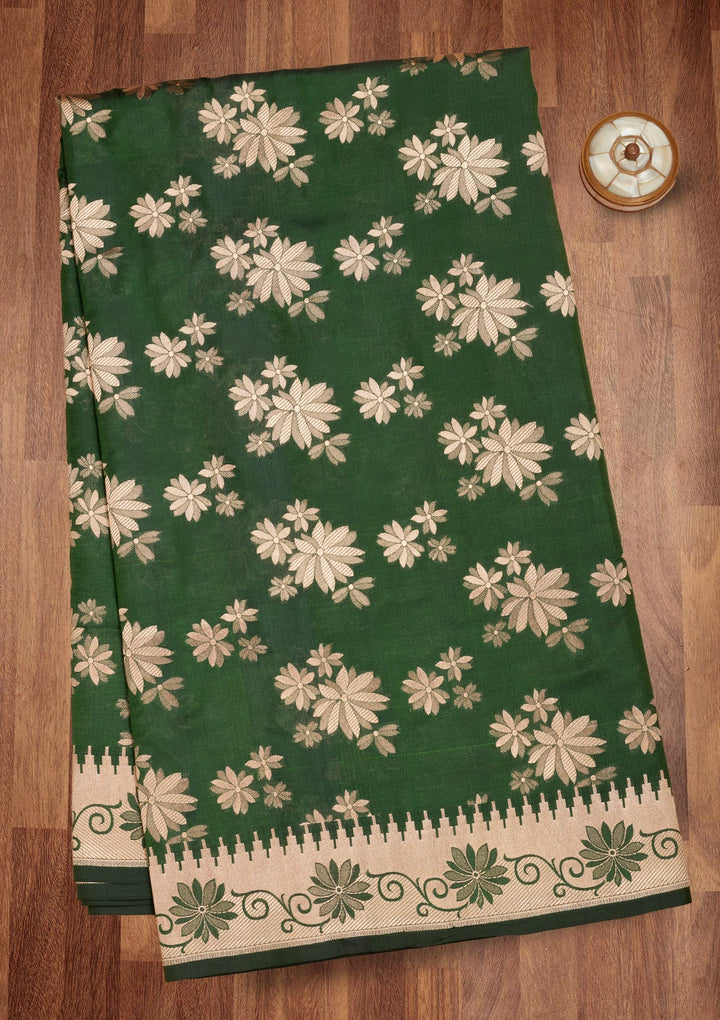 Bottle Green Zariwork Pure Silk Saree-Koskii
