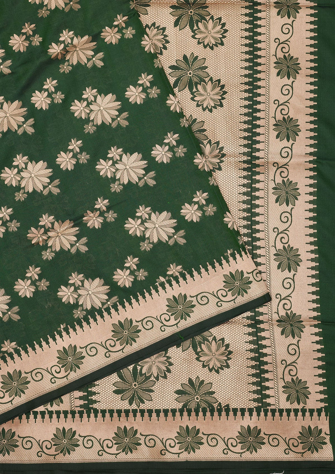 Bottle Green Zariwork Pure Silk Saree-Koskii
