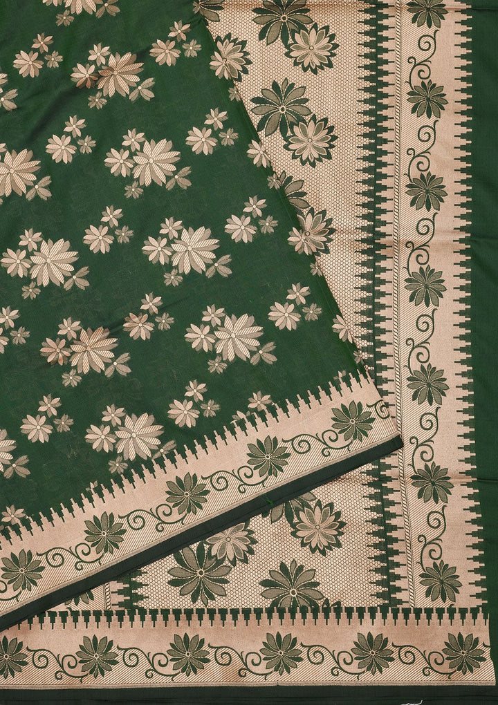 Bottle Green Zariwork Pure Silk Saree-Koskii