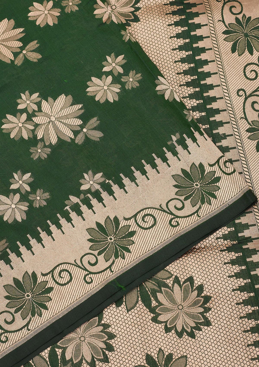 Bottle Green Zariwork Pure Silk Saree-Koskii