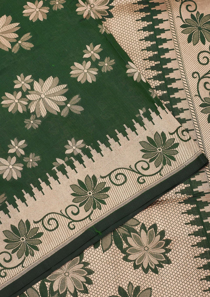 Bottle Green Zariwork Pure Silk Saree-Koskii