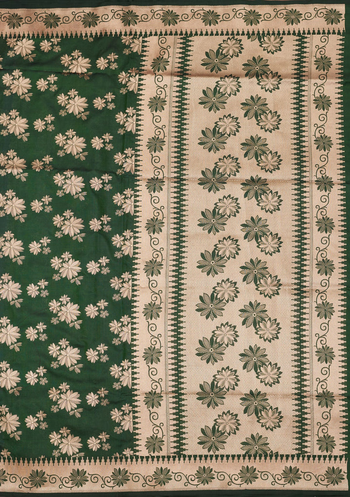 Bottle Green Zariwork Pure Silk Saree-Koskii