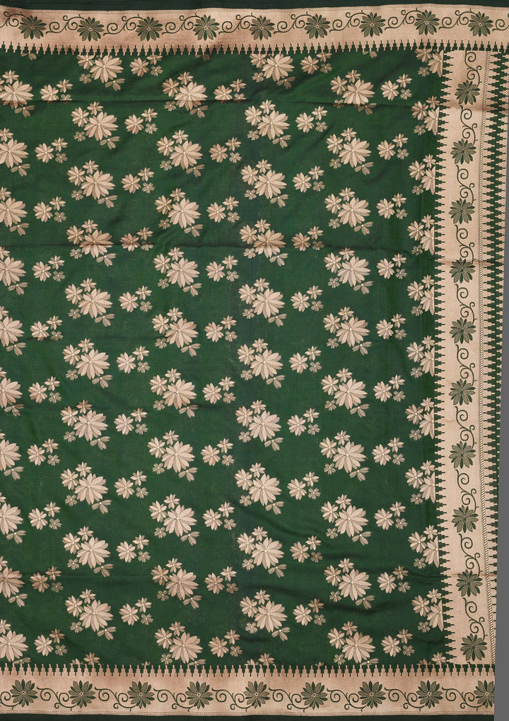 Bottle Green Zariwork Pure Silk Saree-Koskii