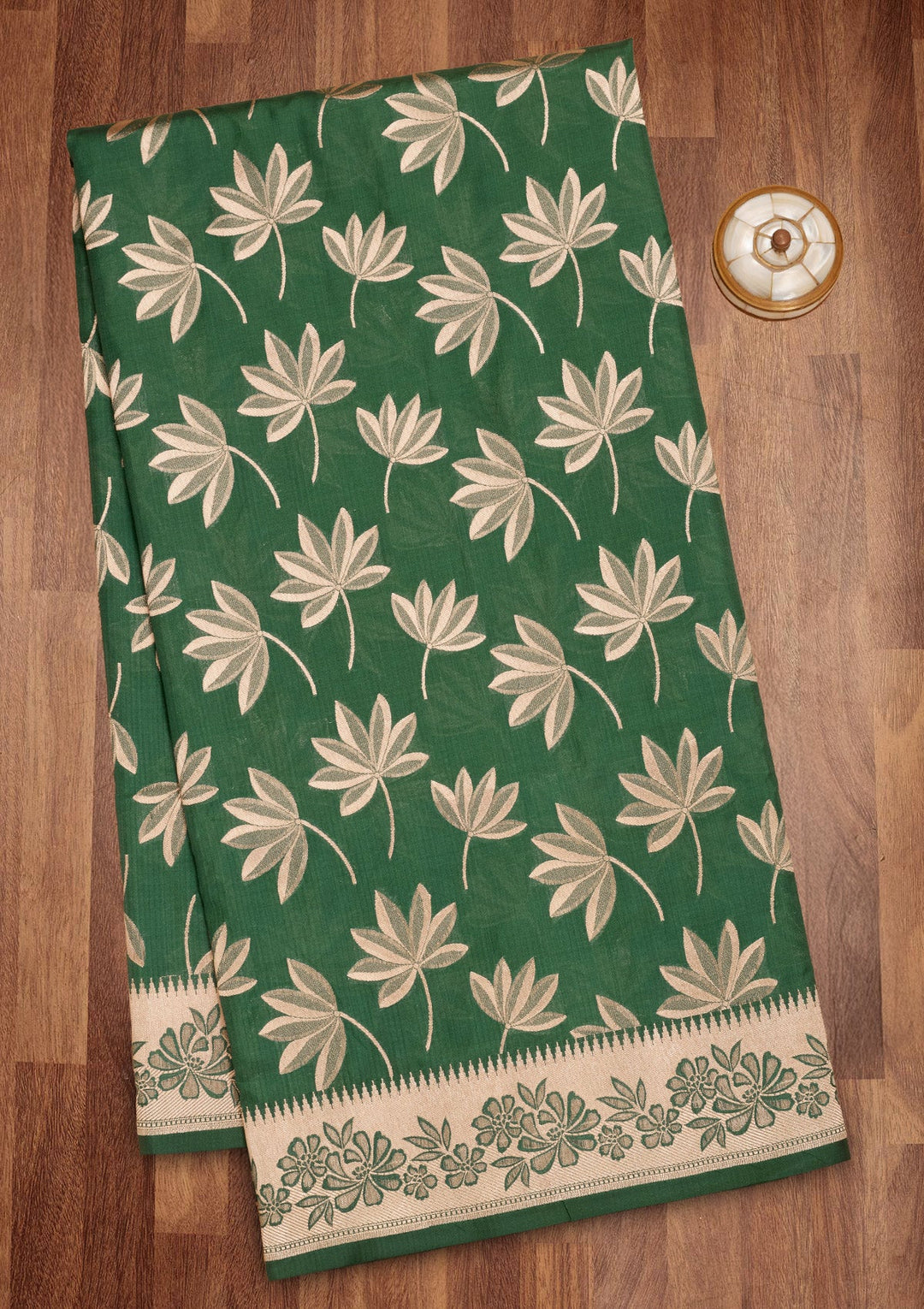Bottle Green Zariwork Pure Silk Saree-Koskii