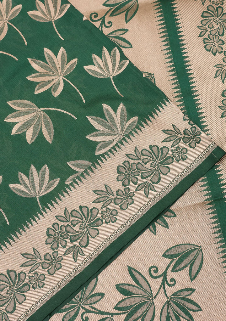 Bottle Green Zariwork Pure Silk Saree-Koskii