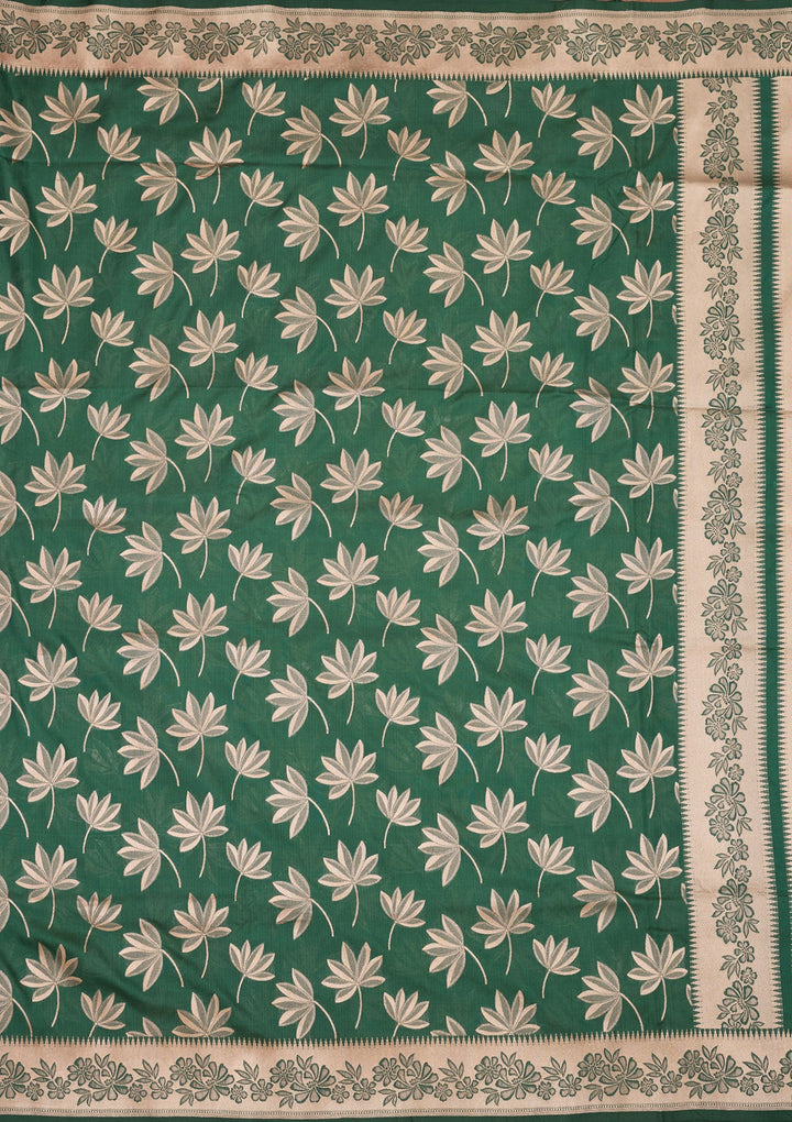 Bottle Green Zariwork Pure Silk Saree-Koskii