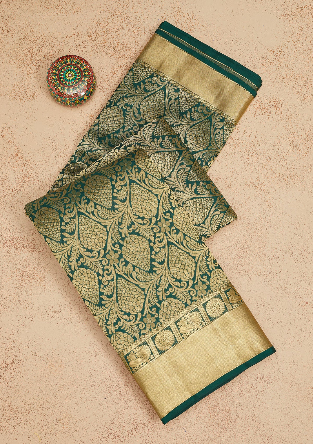 Bottle Green Zariwork Pure Silk Saree-Koskii