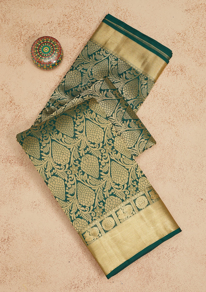 Bottle Green Zariwork Pure Silk Saree-Koskii