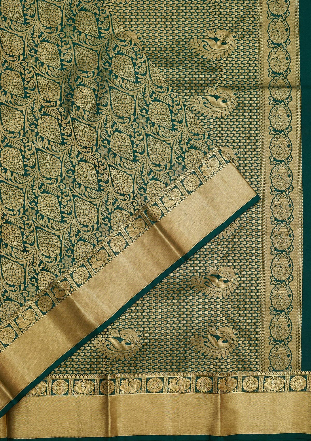 Bottle Green Zariwork Pure Silk Saree-Koskii