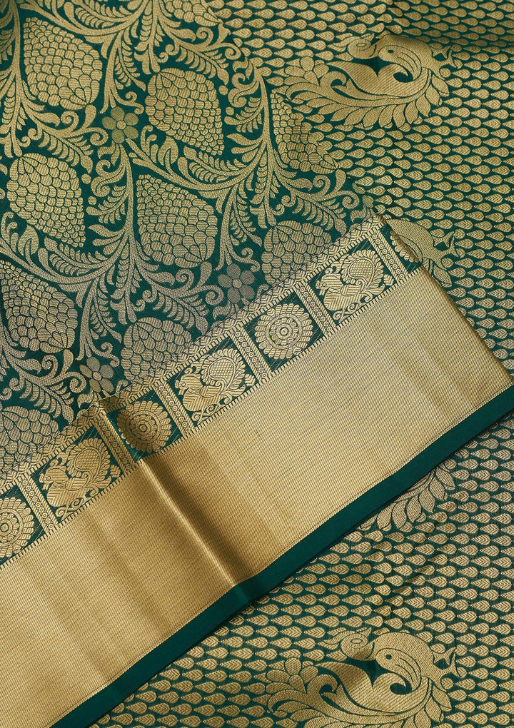 Bottle Green Zariwork Pure Silk Saree-Koskii