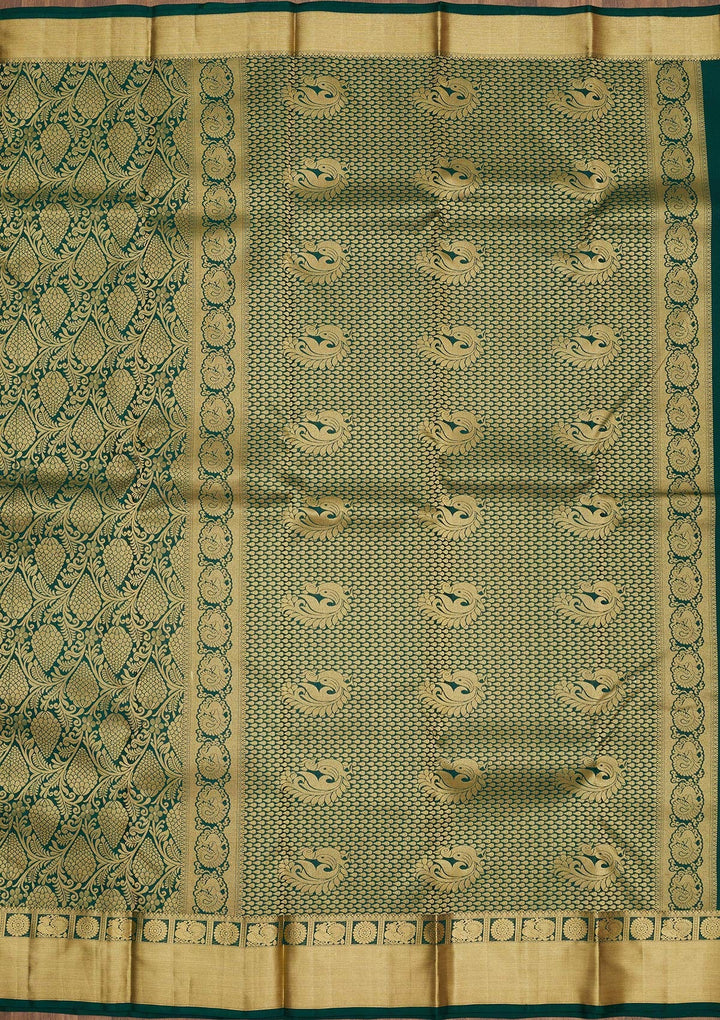 Bottle Green Zariwork Pure Silk Saree-Koskii