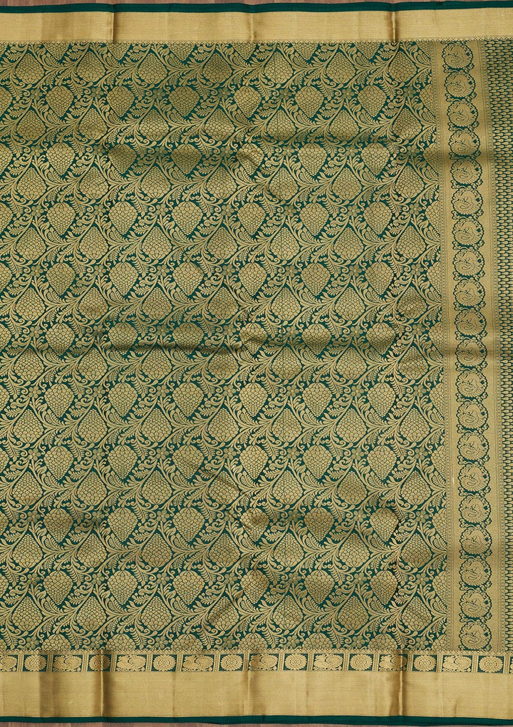 Bottle Green Zariwork Pure Silk Saree-Koskii