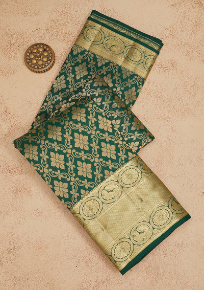 Bottle Green Zariwork Pure Silk Saree-Koskii