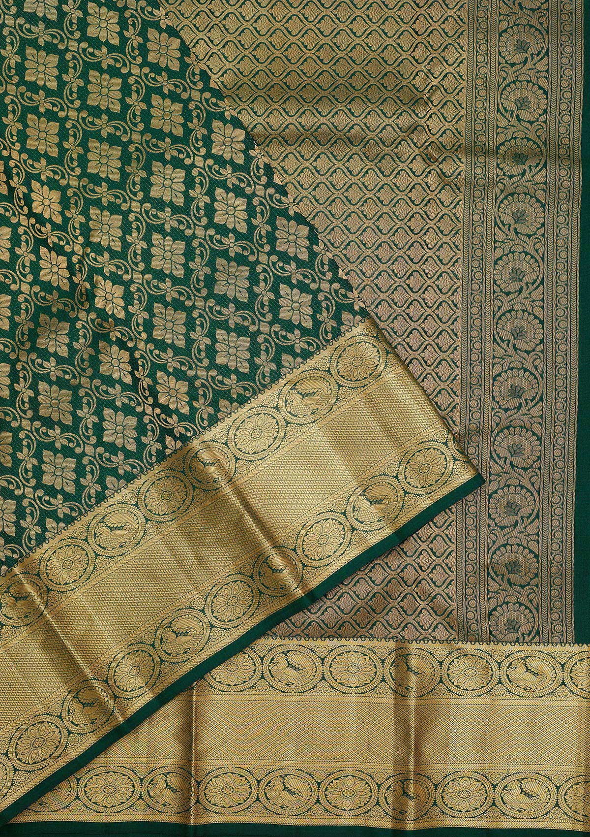 Bottle Green Zariwork Pure Silk Saree-Koskii