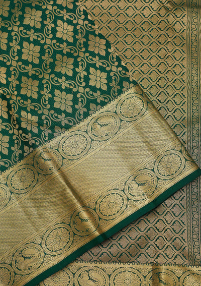 Bottle Green Zariwork Pure Silk Saree-Koskii