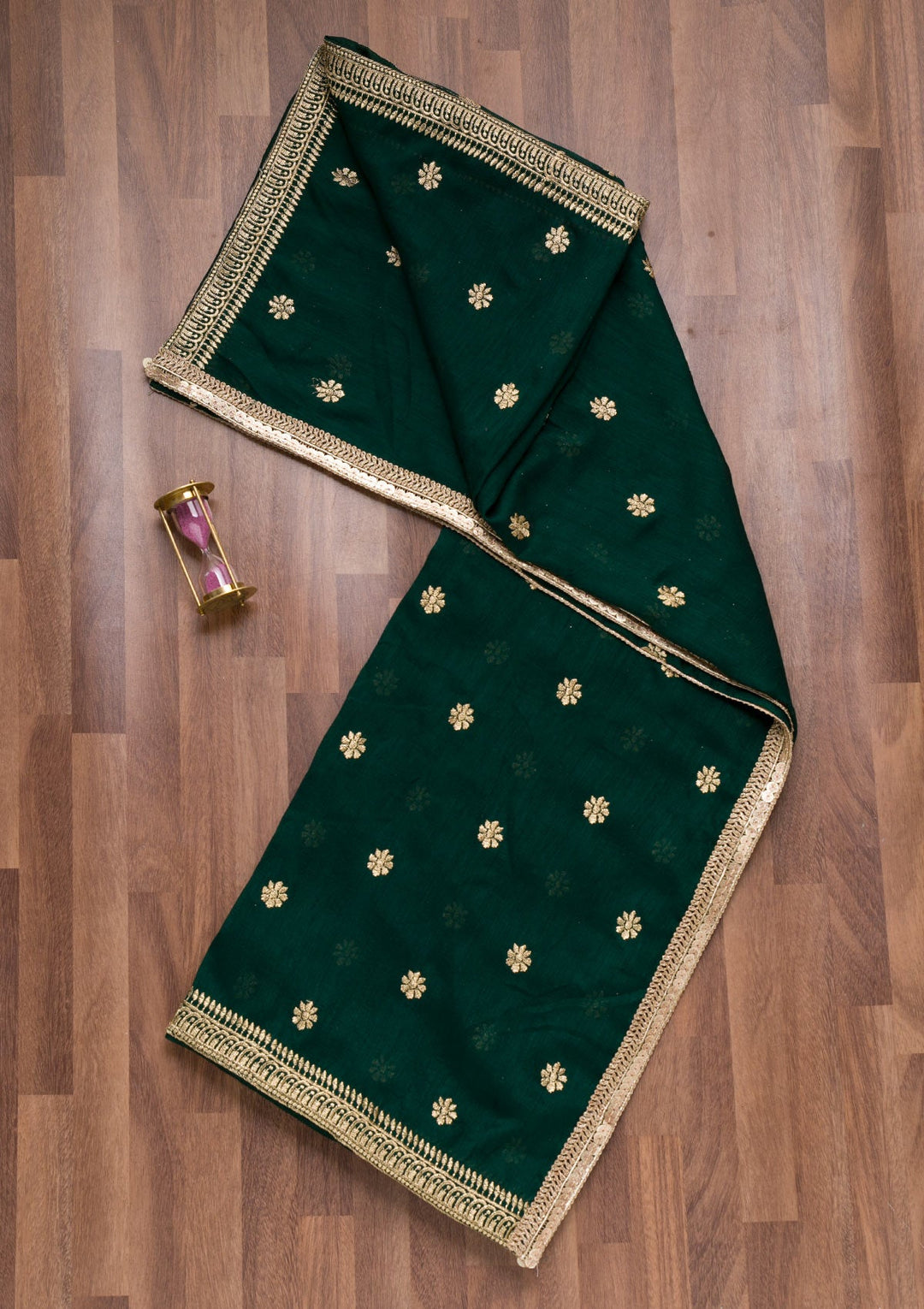Bottle Green Zariwork Raw Silk Dupatta-Koskii