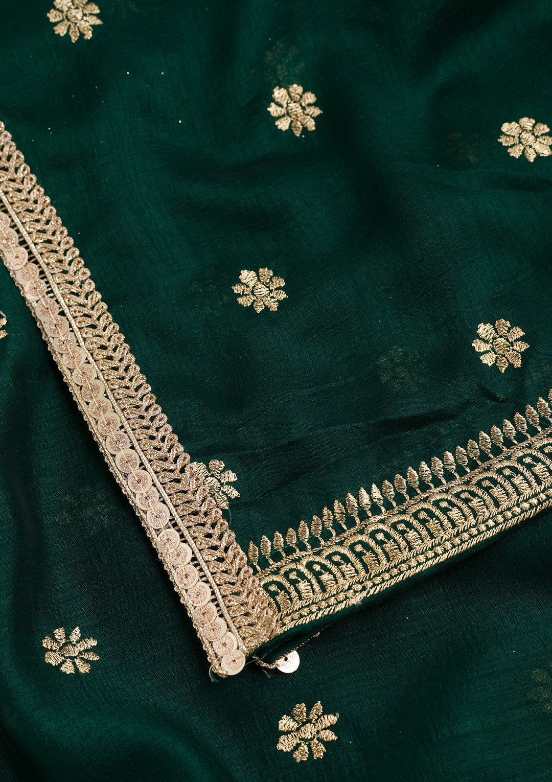 Bottle Green Zariwork Raw Silk Dupatta-Koskii