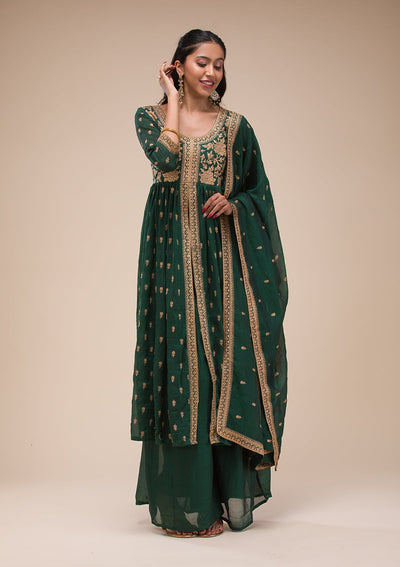 Bottle Green Zariwork Raw Silk Readymade Salwar Suit-Koskii