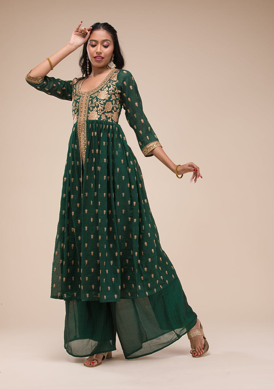 Bottle Green Zariwork Raw Silk Readymade Salwar Suit-Koskii