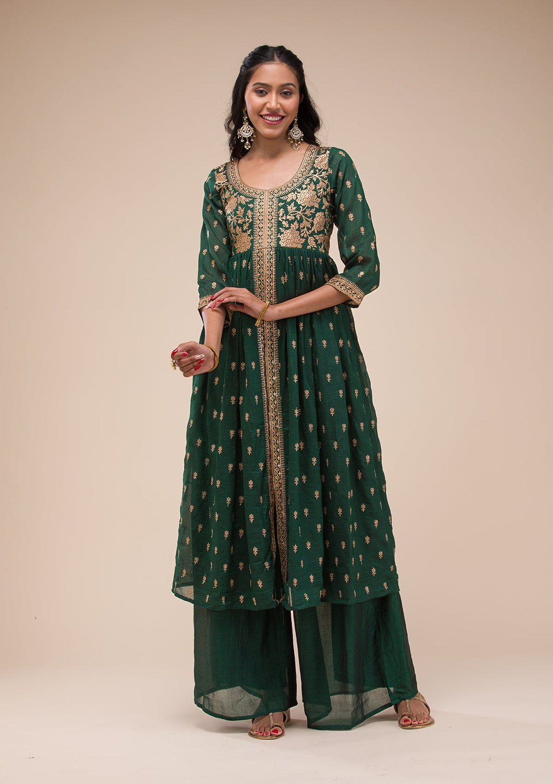Bottle Green Zariwork Raw Silk Readymade Salwar Suit-Koskii