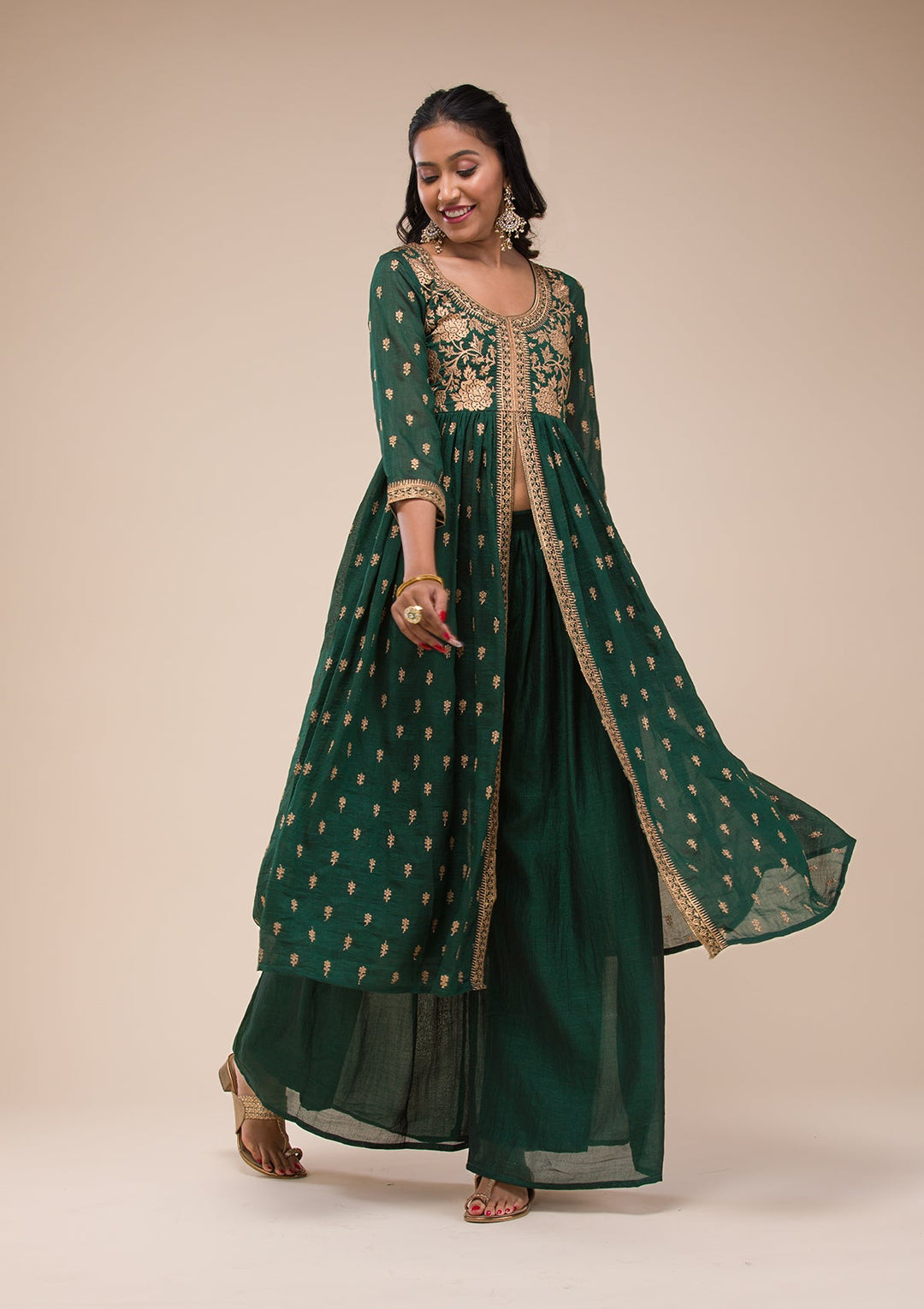 Bottle Green Zariwork Raw Silk Readymade Salwar Suit-Koskii