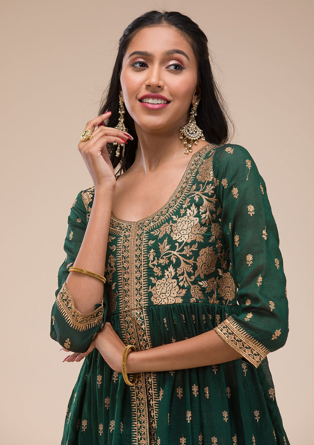 Bottle Green Zariwork Raw Silk Readymade Salwar Suit-Koskii