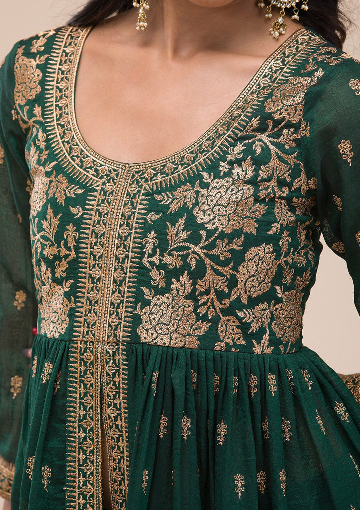 Bottle Green Zariwork Raw Silk Readymade Salwar Suit-Koskii