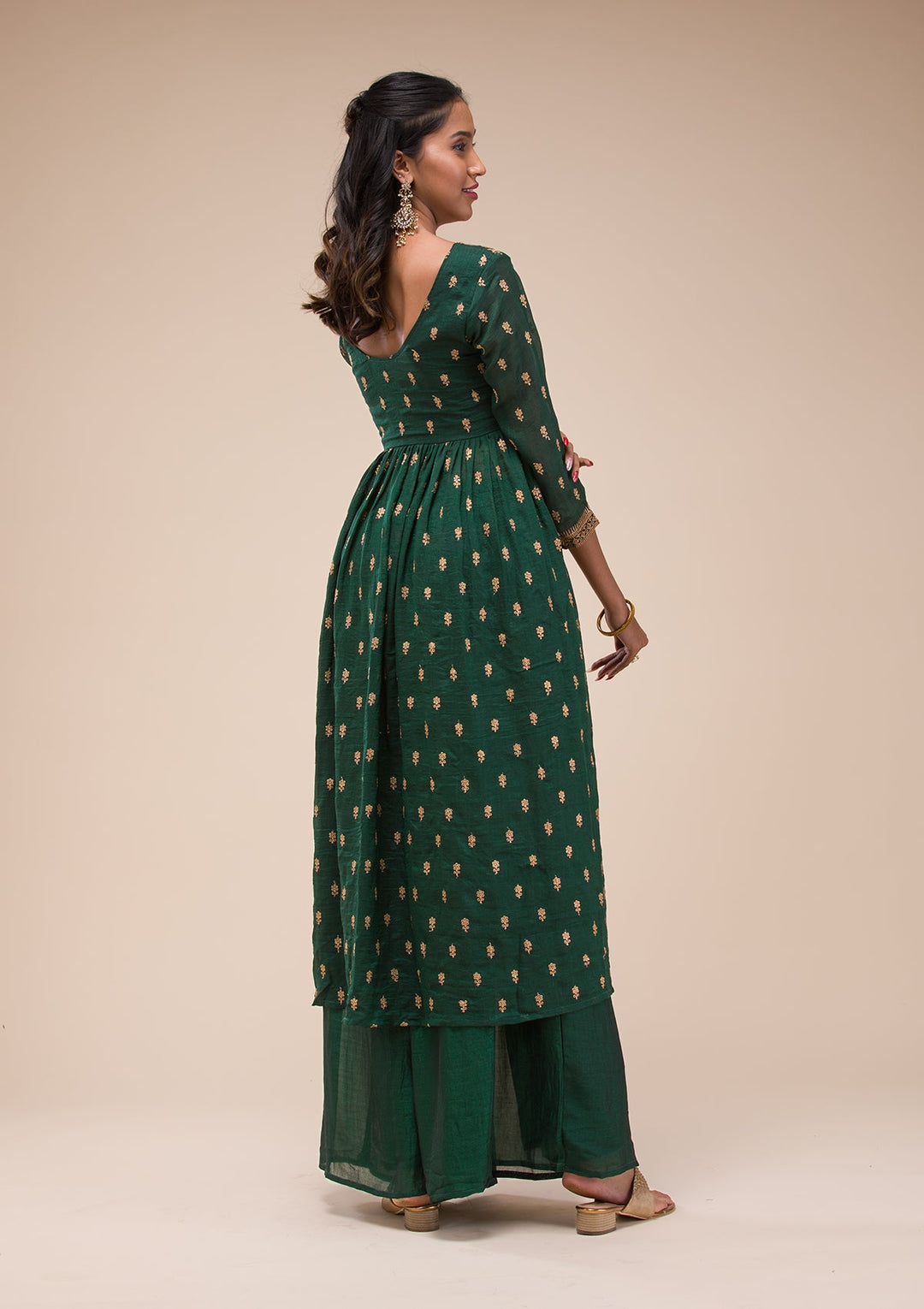 Bottle Green Zariwork Raw Silk Readymade Salwar Suit-Koskii