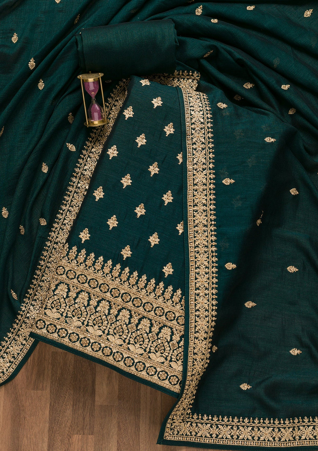 Bottle Green Zariwork Raw Silk Unstitched Salwar Suit-Koskii