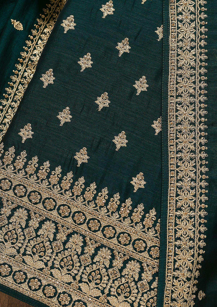Bottle Green Zariwork Raw Silk Unstitched Salwar Suit-Koskii