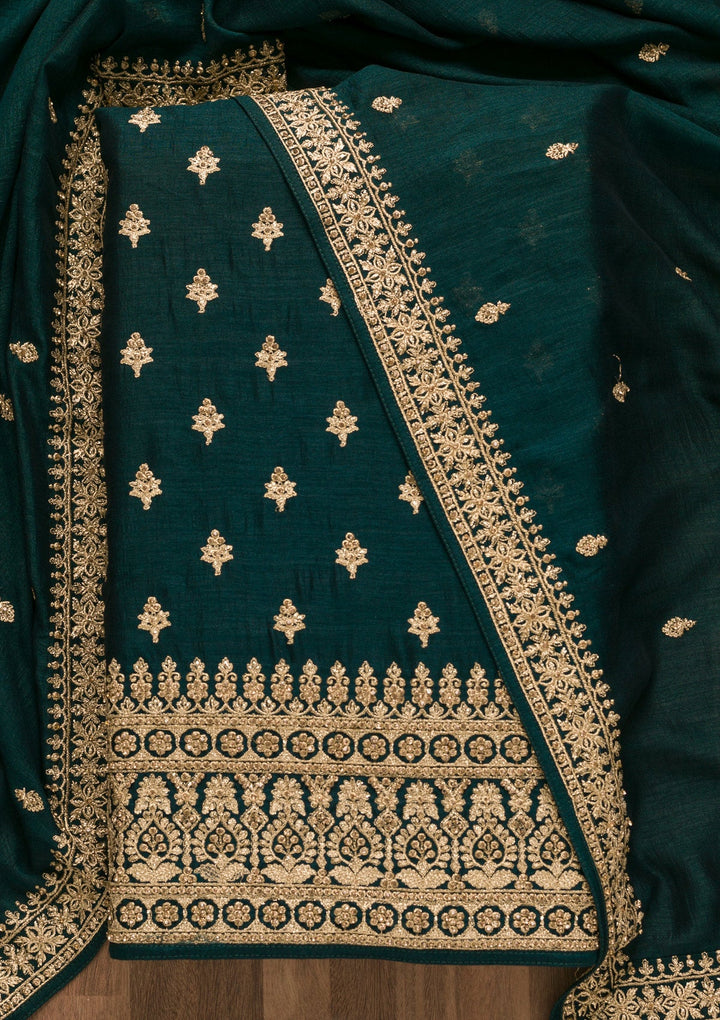Bottle Green Zariwork Raw Silk Unstitched Salwar Suit-Koskii