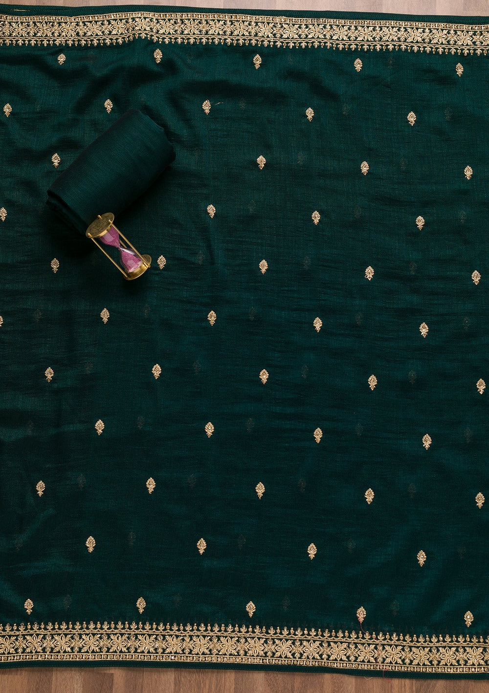 Bottle Green Zariwork Raw Silk Unstitched Salwar Suit-Koskii