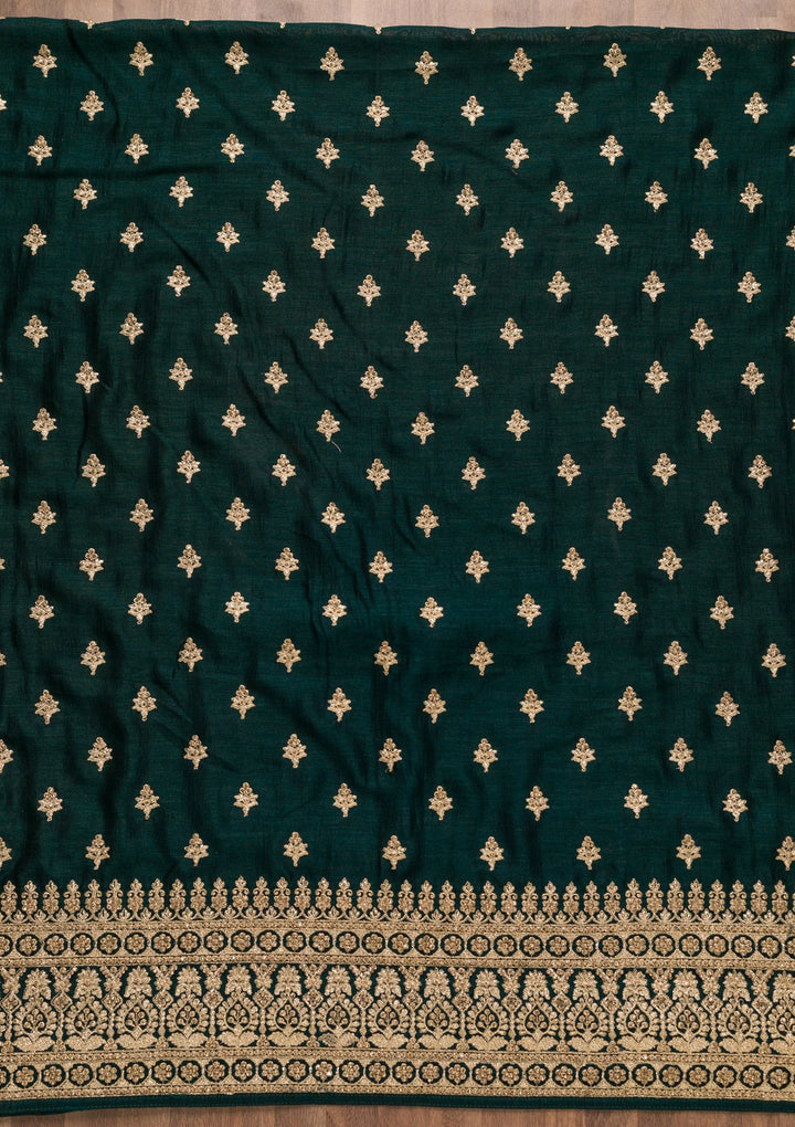 Bottle Green Zariwork Raw Silk Unstitched Salwar Suit-Koskii