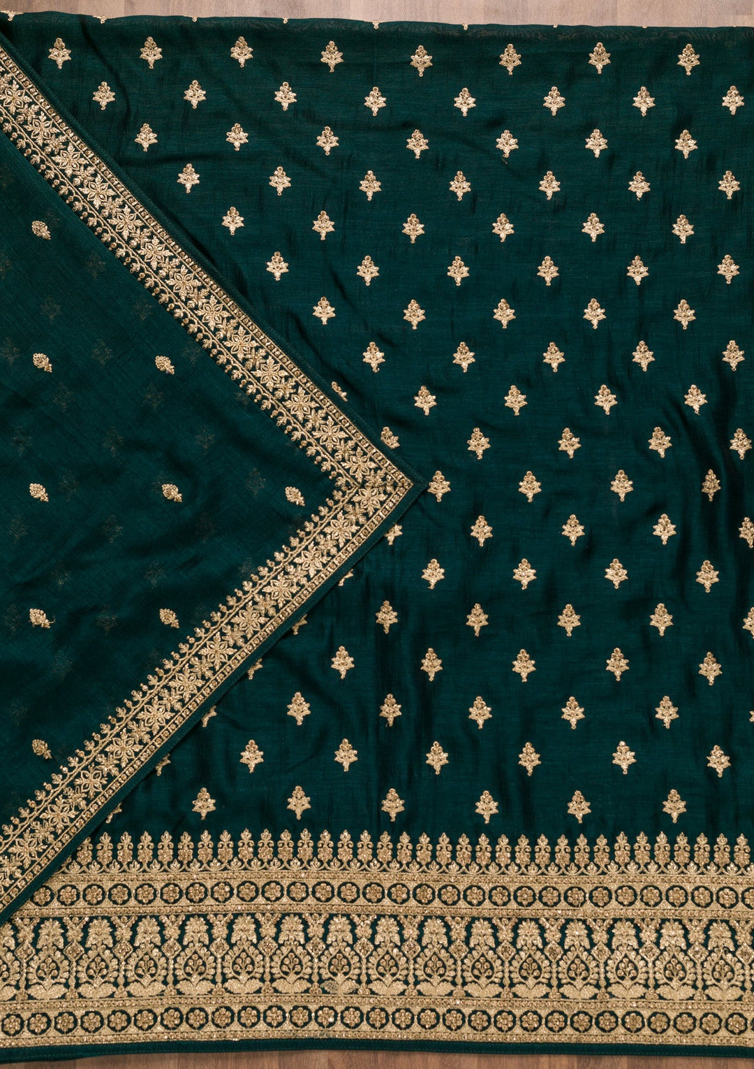 Bottle Green Zariwork Raw Silk Unstitched Salwar Suit-Koskii