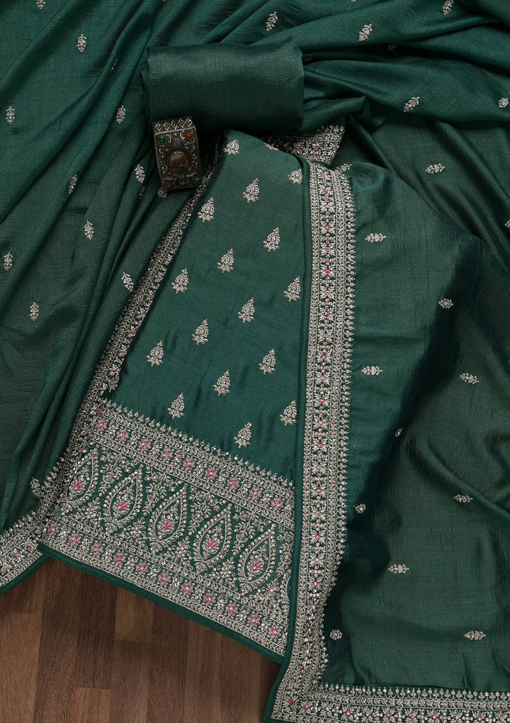 Bottle Green Zariwork Raw Silk Unstitched Salwar Suit-Koskii