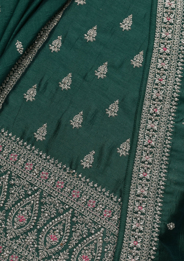 Bottle Green Zariwork Raw Silk Unstitched Salwar Suit-Koskii