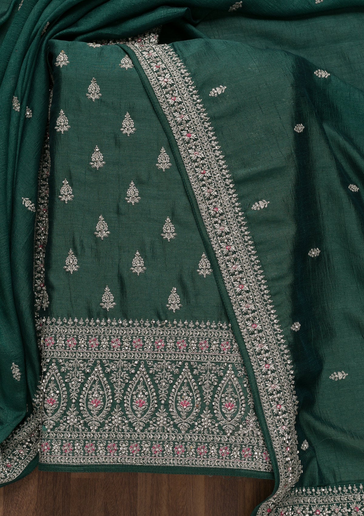Bottle Green Zariwork Raw Silk Unstitched Salwar Suit-Koskii
