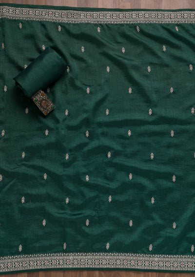 Bottle Green Zariwork Raw Silk Unstitched Salwar Suit-Koskii